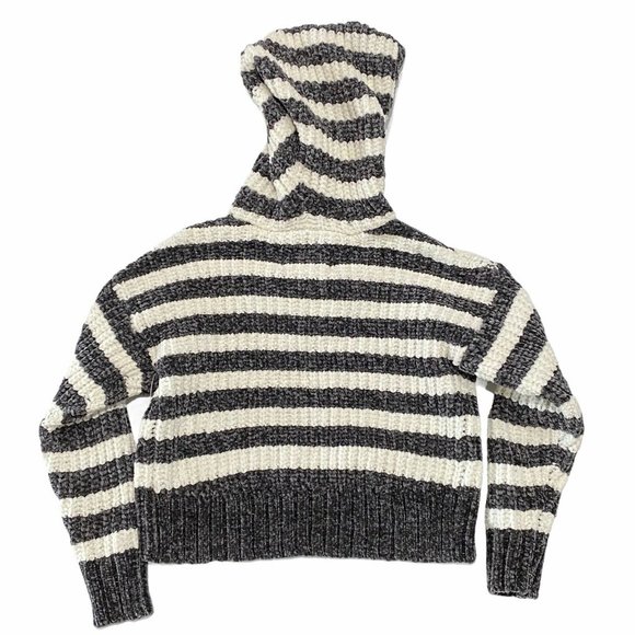 NWT JUSTICE Girls Sweater Hoodie Sz 6 Gray Ivory Stripes Pull-Over Stretch #0467 - Picture 2 of 4